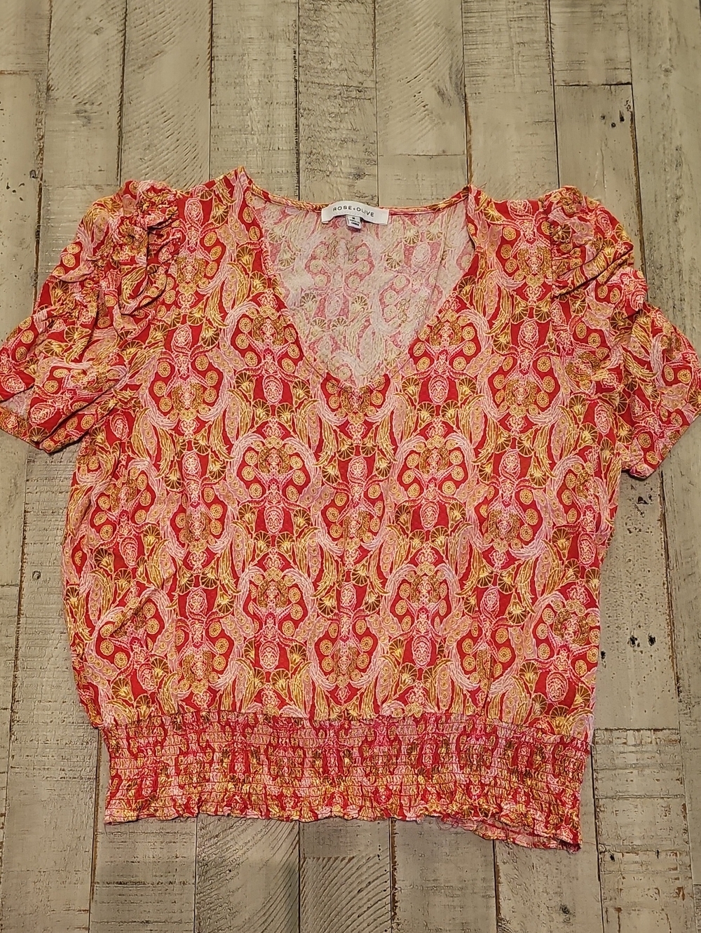 Rose & Olive Coral Pink and Yellow Floral V-Neck Blouse